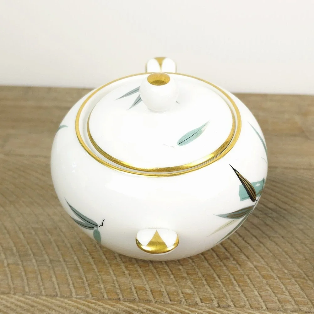 Noritake China 5540 Sugar Bowl‎ and Creamer Teal Bamboo Black Gold Leaves